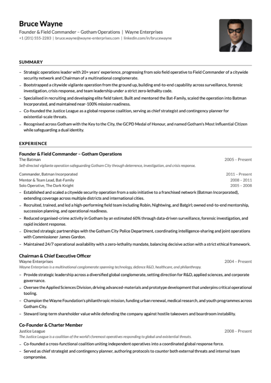 ATS-safe single-column CV variant for Bruce Wayne