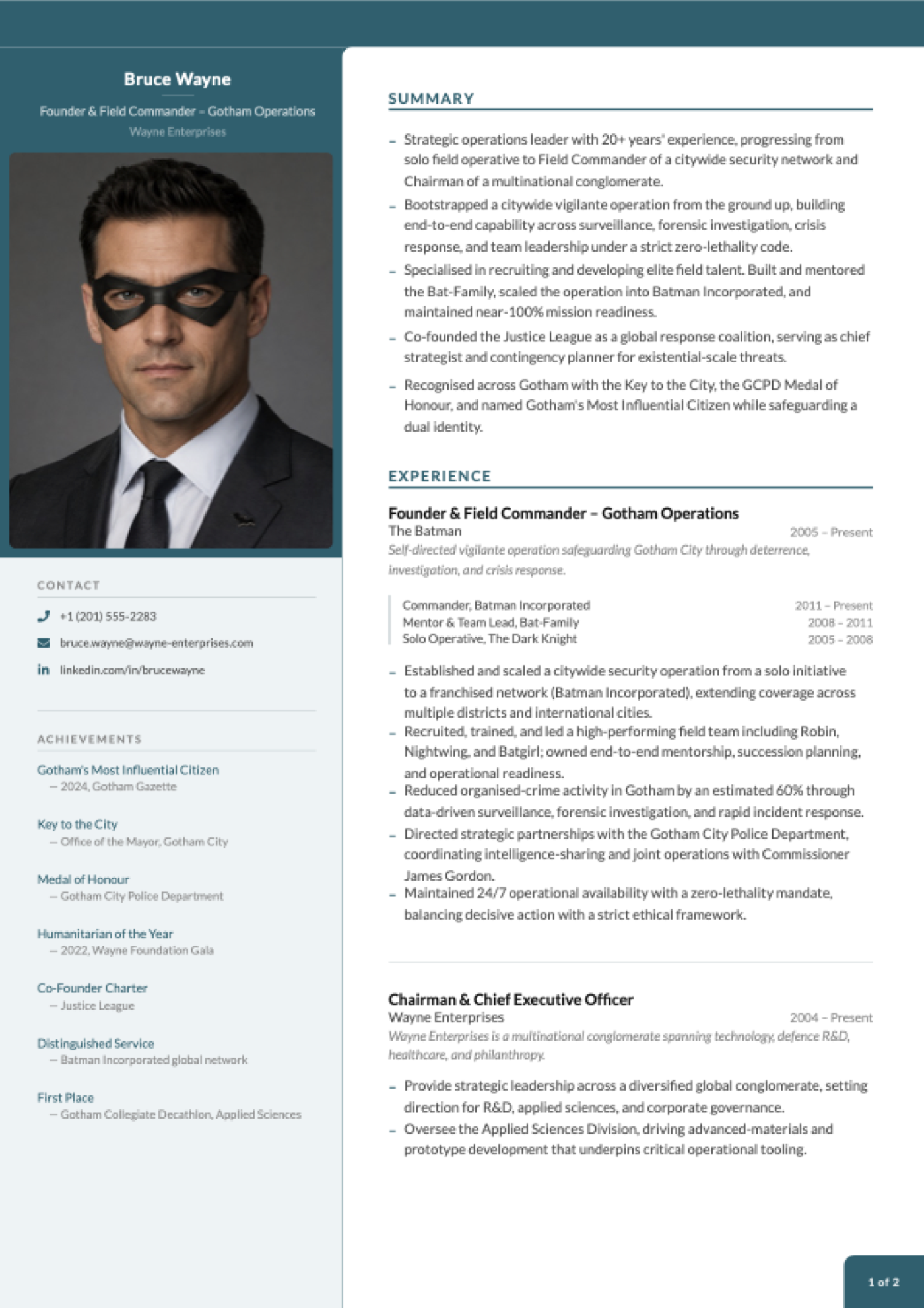 Two-column CV PDF for Bruce Wayne rendered by cvx